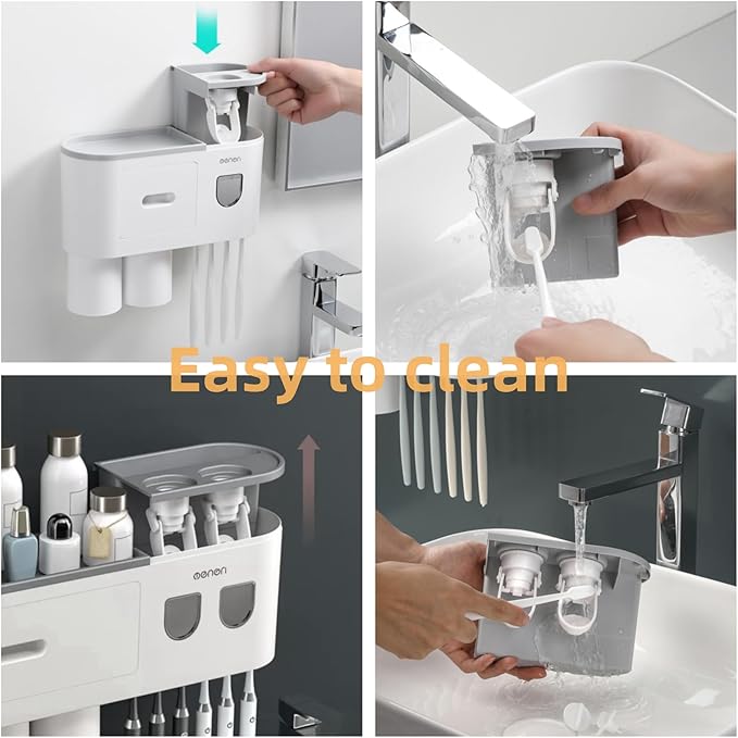 No-Drill Wall Mounted Toothbrush Holder, Bathroom Shelf, with Automatic Toothpaste Dispensers 6 Brush Hooks Magnetic Cups 1 Cosmetic Drawer Organizer and Large Storage (2 Dispensers 3 Cups)