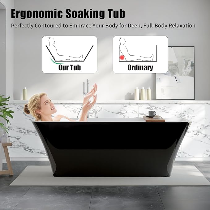 Freestanding Bathtubs 67 inch Acrylic Stand Alone Tub – Black Exterior White Interior, Chrome Drain, Ergonomic Oval Design, Modern Freestanding Tub for Bathroom, Family or Guest Use