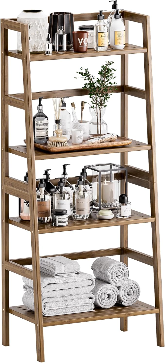 HITNET Ladder Shelf, 4-Tier Bamboo Bookshelf, Freestanding Open Display Storage Rack, Space Saving Flower Plant Display Stand for Bathroom Living Room, Walnut