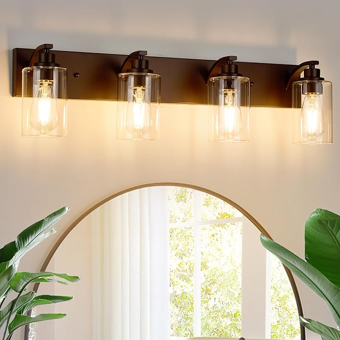 4-Light Bathroom Light Fixtures Modern ORB Vanity Lights for Bathroom Lighting Fixtures Over Mirror with Clear Glass Shade for Cabinet Mirror Bedroom Hallway