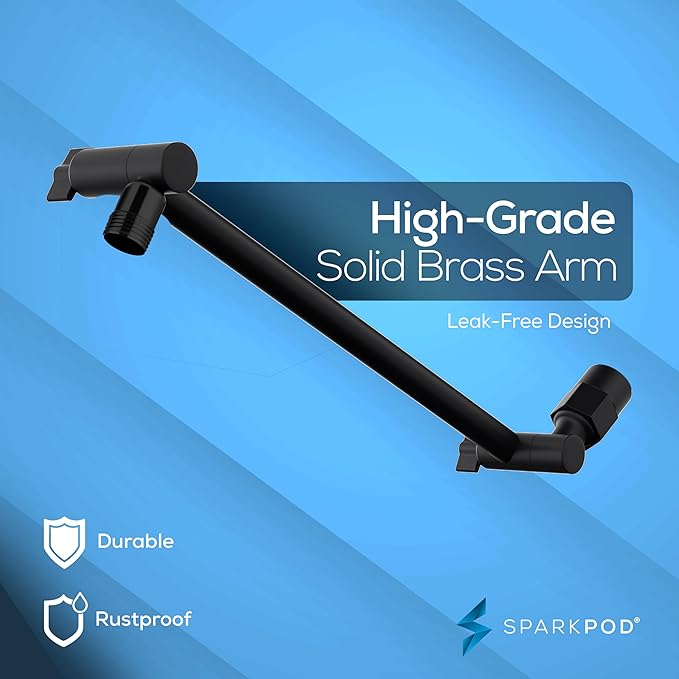 SparkPod Round Rain Shower Head with Extension Arm - Height Adjustable Shower Head with High Pressure Performance - Easy 1-Minute Installation (11" Arm Extension, Midnight Black Matte)