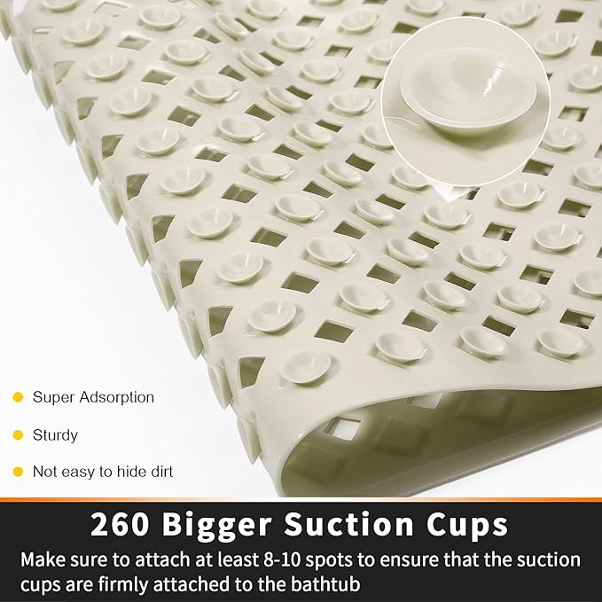 Yimobra Non Slip Bath Mat, Super Strong Suction Cups,34.5"x15.5"Long Tub Mat with Drain Holes, Machine Washable Fast Draining Shower Mats, Bathroom Essentials,Beige