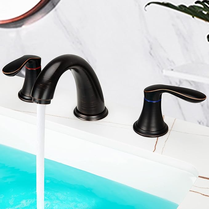 Bathroom Sink Faucet, Faucet for Bathroom Sink, Widespread ORB Bathroom Faucet 3 Hole with Stainless Steel Pop Up Drain and cUPC Lead-Free Hose-(Oil Rubbed Bronze)