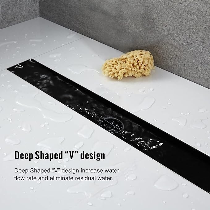 Linear Shower Drain, 32 inch Black Drain with Tile Insert 2-in-1 Panel, Brushed 304 Stainless Steel Shower Floor Drain, Linear Drain with Hair Strainer and Adjustable Feet
