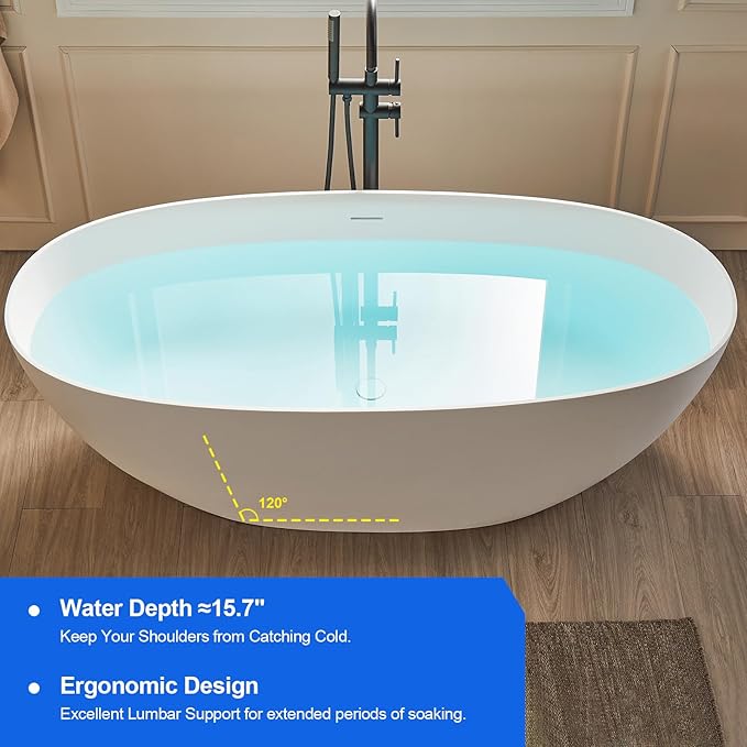 Cpingao 59" Stone Resin Freestanding Bathtub, Elegant Oval Shape Soaking Tub, Solid Surface Stand Alone Bathtub with Drain & Integrated Slotted Overflow Matte White 8845-1500