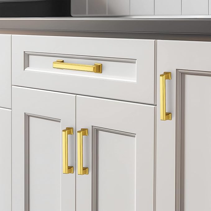 Ravinte Hardware 5 Pack Brushed Brass Cabinet Pulls, 3-3/4 Inch (96mm) Hole Center Zinc Alloy Drawer Handles for Kitchen Cabinets, Cupboards, Dressers, Square Solid Metal Hardware