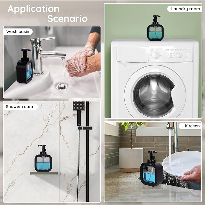 Segbeauty 10.1oz Black Foaming Soap Dispenser, 300ml Square Foam Bottle Dispenser for Bathroom, Plastic Refillable Dish Soap Dispenser for Kitchen, Shower Shampoo Hand Wash Foamer Bottle with Labels