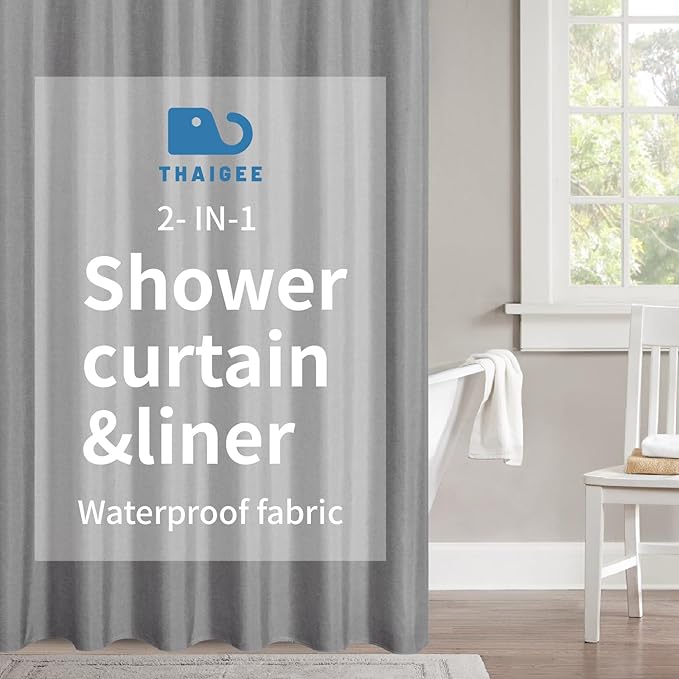 2-in-1 Waterproof Extra Long Fabric Shower Curtain or Liner,Linen Textured,84 Inch Breathable TPU & Washable Bathroom Shower Curtain Set with 12 Plastic Hooks,Modern,72"x84" Grey