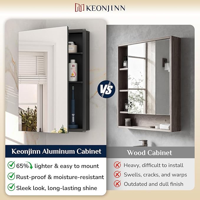 Keonjinn 30 x 26 Inch Black Medicine Cabinet, Bathroom Medicine Cabinet with Mirror, Lightweight Aluminum Structure, Assembly Required, in Wall or Wall Mount, Free Adjustable Shelves, Tempered Glass