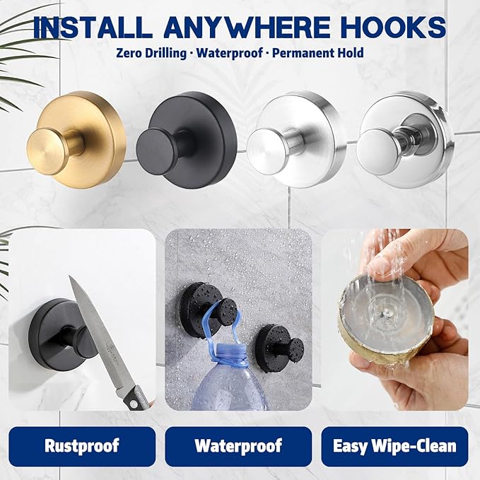 Removable & Reusable Suction Cup Hooks for Shower, Heavy Duty No-Drill Cup Hooks for Towels, Robes, Loofah–Wreath Hangers for Front Doors,Doors & Smooth Surfaces (Light Silver, 2 Pack)