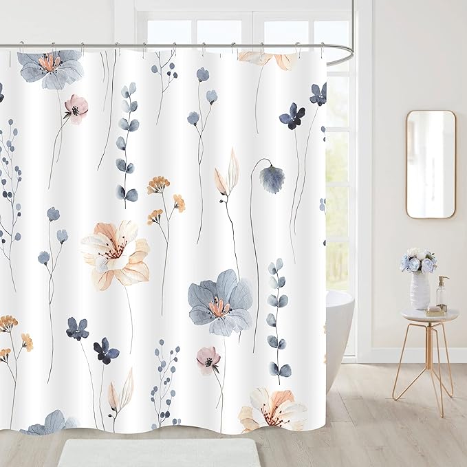 Gibelle Watercolor Floral Shower Curtain, Blue Beige Flower Shower Curtain for Bathroom, Modern Minimalist White Waterproof Fabric Shower Curtain Set 72x72 Inch