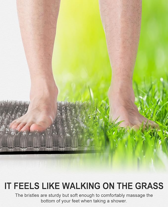 OTHWAY Non Slip Grassy Bathtub Mat : 27.5X15.7 inches Sturdy But Soft Bath Mat_Quick Drain Shower Floor Mat with Soft Bristles for Scrubbing Feet (Dark Grey)