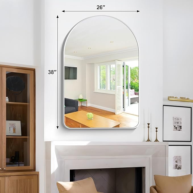 Arched Bathroom Mirror, 26"x38" Silver Arched Mirror for Bathroom, Wall Mounted Mirror, Silver Vanity Wall Mirror w/Metal Frame for Bedroom, Entryway, Living Room, Hanging or Leaning Against Wall