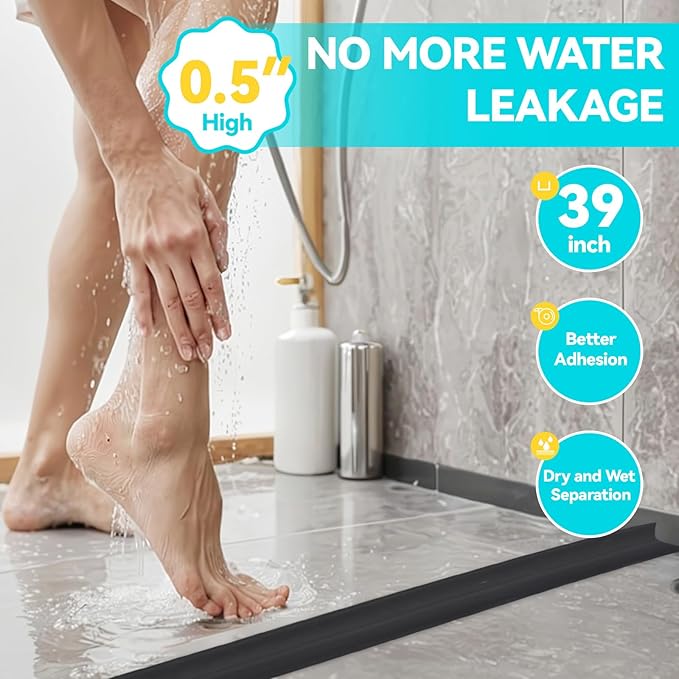 Shower Threshold Water Dam Barrier 39", Silicone Sealant Included, Collapsible Self-Adhesive Water Blocker, Shower Door Water Stopper for Floor Bathroom Kitchen Bathtub Sink