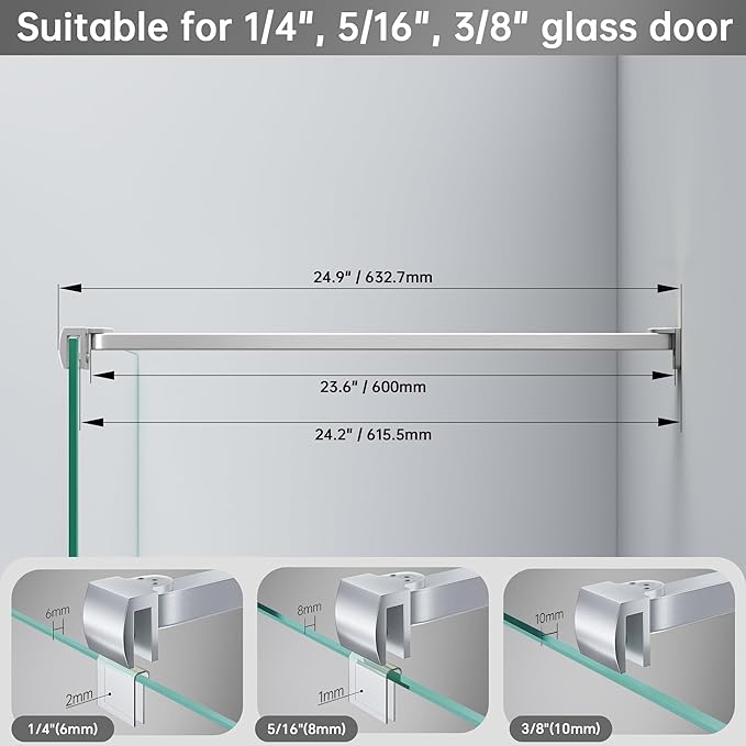 Frameless Shower Door Support Bar, Stainless Steel Wall-to-Glass Support Arm to Fixed Shower Glass Panel, for 1/4"-3/8" (6-10 mm) Door, 180° Pivot & Stow-Flat Mode (Brushed Nickel, 23.6-inch(600mm))