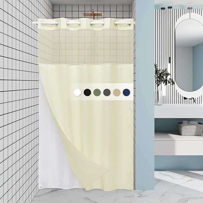 Ivory Stall Hotel Shower Curtain with Detachable Liner - 230GSM Waffle Textured,Hotel Grade,Spa Like Bath Curtain,54W x 80H