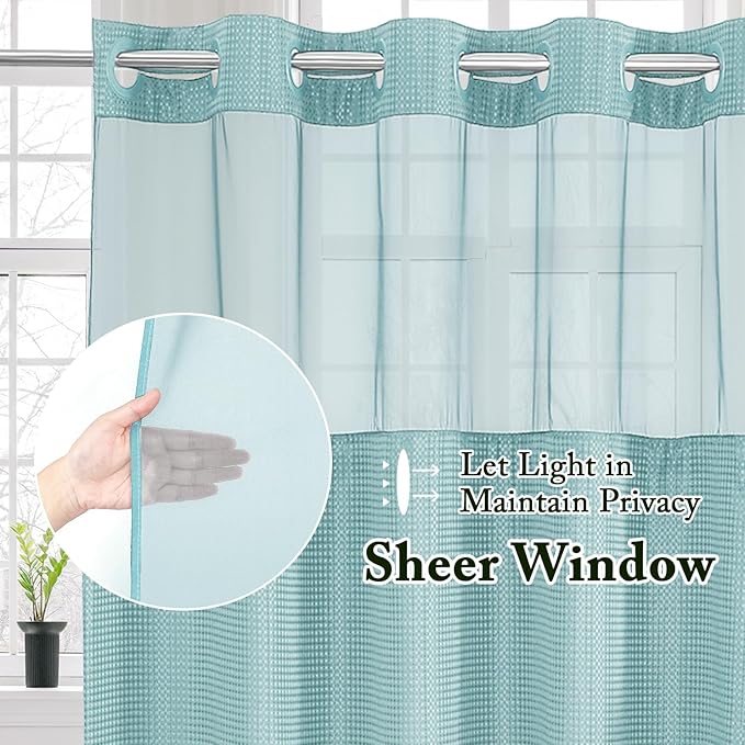 Gibelle No Hook Waffle Weave Shower Curtain with Snap-in Fabric Liner Set for Bathroom, Hotel Style with Mesh Top Window, Waterproof & Washable, Teal, 72x74