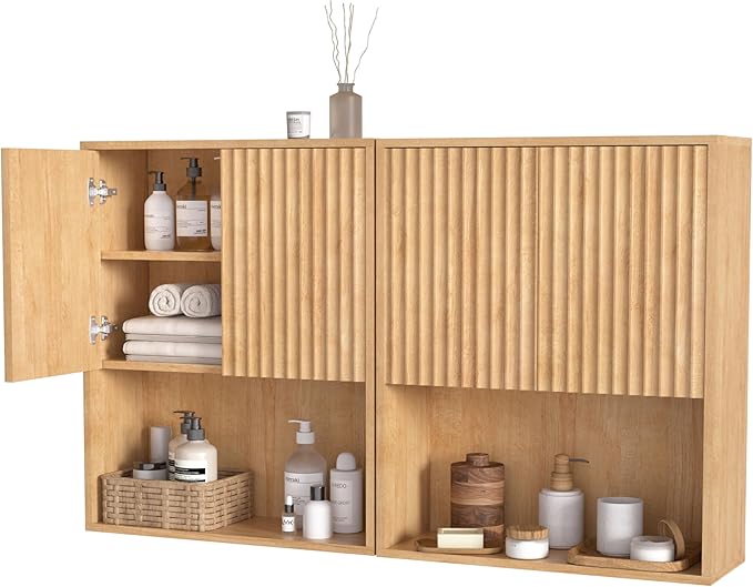 Fluted Bathroom Wall Cabinet Over The Toilet Storage,Wall Mounted Cabinet with Adjustable Shelf,Floating Cabinet Organizer Hanging Cabinet,Kitchen and Laundry Room Cabinets (Oak-2 PCS)