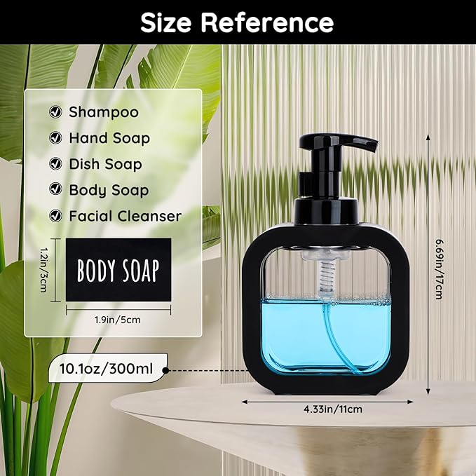 Segbeauty 10.1oz Black Foaming Soap Dispenser, 300ml Square Foam Bottle Dispenser for Bathroom, Plastic Refillable Dish Soap Dispenser for Kitchen, Shower Shampoo Hand Wash Foamer Bottle with Labels