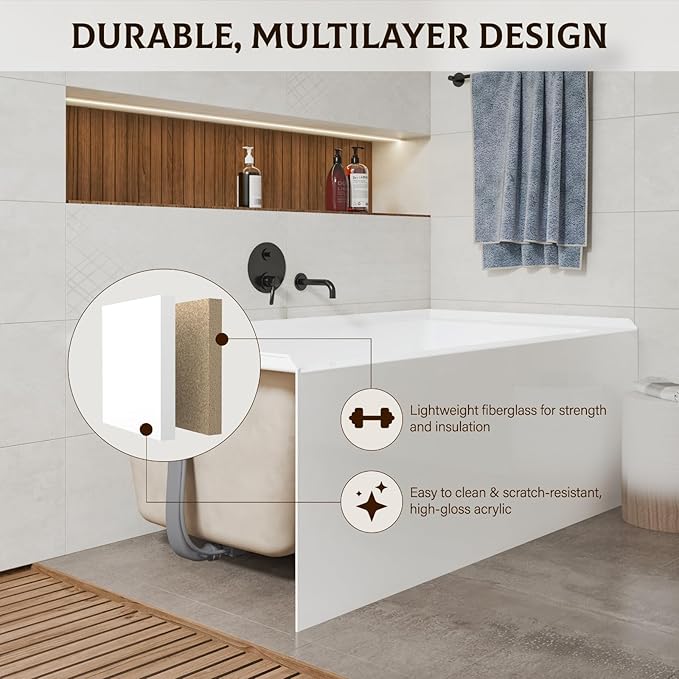 Acrylic Skirted Drop-In Bathtubs 60×30 Inch – Right Hand Drain & Overflow Drop-In Bathtub,Compact Alcove Soaking Bath Tub for Small Bathrooms,Comfortable Deep Soak with Smooth Surface,Recessed Bathtub