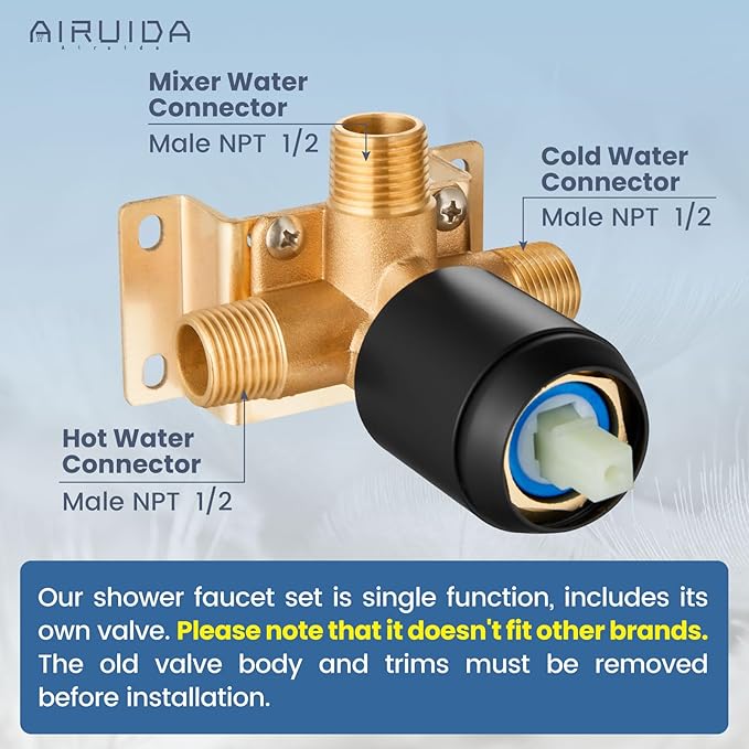 Airuida Square Single-Function Brass Faucet Shower Rough-in Valve Male Thread Bathroom Trim Kit Single Handle Tub Shower Valve 5.5 Inch Cover Plate Matte Black