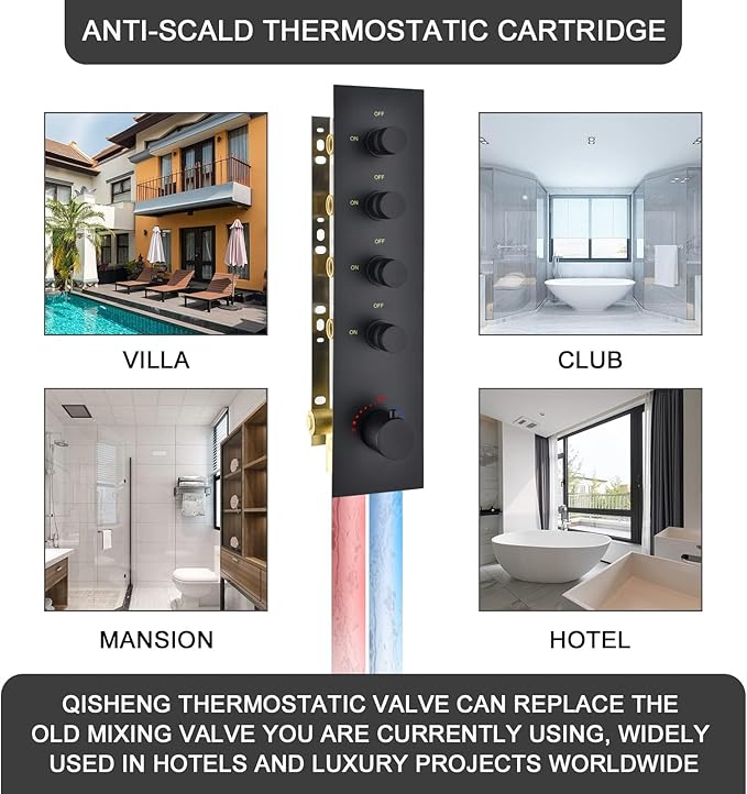Brass Matte Black 4-Way Thermostatic Shower Diverter Valve - 4 Function Mixer with Individual On/Off Flow Control for Shower Arm & Kit