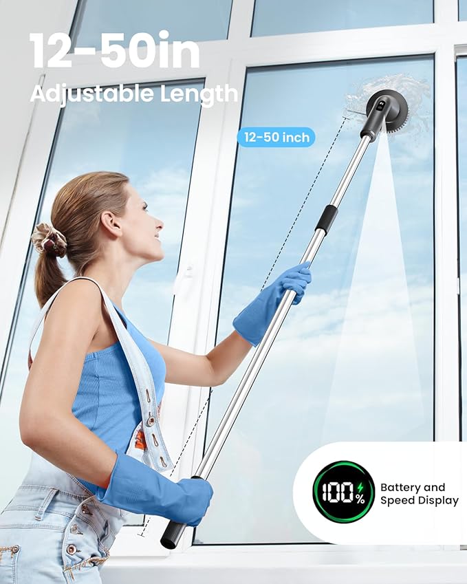 Electric Spin Scrubber, 2025 New Cordless Cleaning Brush for Home, IPX7 Waterproof Spin Scrubber with 7 Brush Heads, Adjustable Long Handle and 2 Rotating Speeds for Bathroom Tub Floor