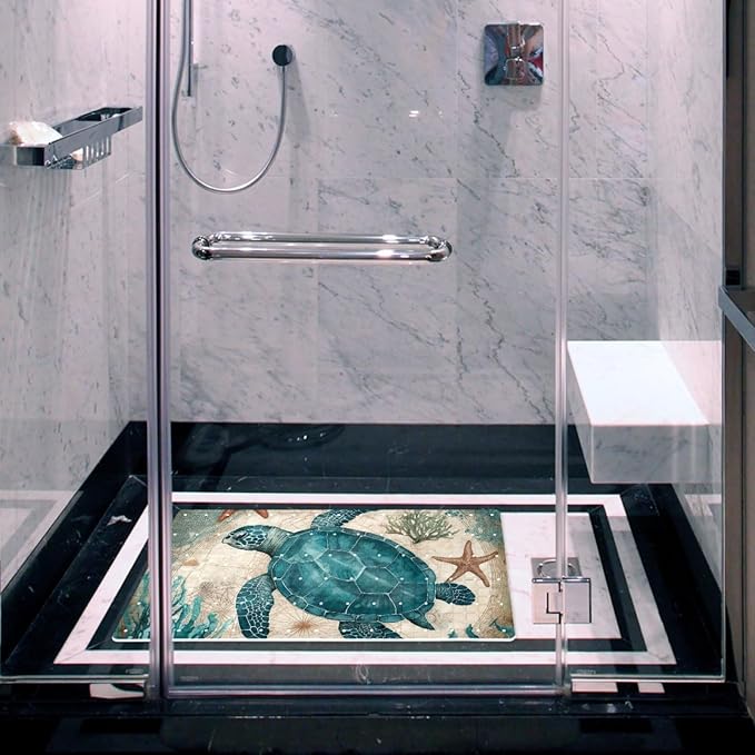 Bath Tub and Shower Mats, Non Slip Bathmat with Drain Holes and Suction Cups for Bathroom Floor, 15.1 x 26.8 Inch (Art Marine Sea Turtle Starfish Vintage Map)