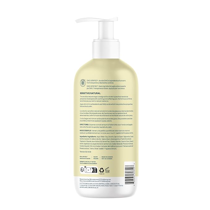ATTITUDE Body Lotion for Sensitive Skin with Oat, EWG Verified, Dermatologically Tested, Vegan, Argan Oil, 16 Fl Oz