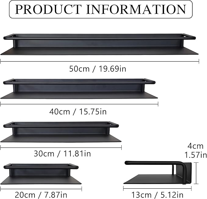 Metal Wall Shelf, Metal Floating Shelf, Black Floating Shelf, Small Shelf for Wall, Display Shelves for Bathroom Bedroom Kitchen (Black, 16Inch)