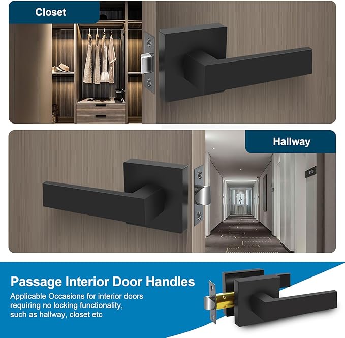 Passage Door Lever, 7 Pack Matte Black Interior Door Handles for Hallway and Closet, Heavy Duty Square Interior Keyless Door Handles Non-Locking Door Knobs for Right & Left Side Door
