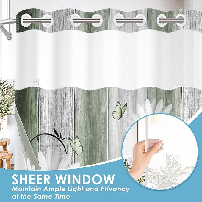 No Hook Green Daisy and Butterfly Shower Curtain with Snap in Fabric Liner Set, Rustic Farmhouse Double Layers Waterproof Fabric with See Through Top Window Open Grommet Bath Curtain 54x80 Inch