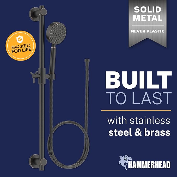 HammerHead Showers® SOLID METAL 27.5 Inch Shower Slide Bar Set and Handheld Shower Head with Hose — OIL RUBBED BRONZE — 1.75 GPM Low Flow Spray Wand — Easily Adjust Height & Angle of Handshower