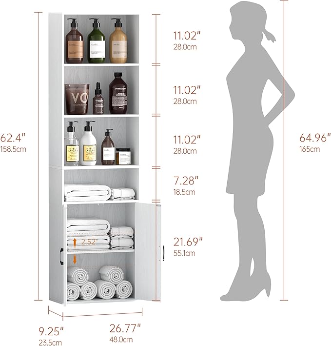 Tall Bathroom Storage Cabinet, Bathroom Floor Cabinet with Wide 4 Tier Shelf, Storage Unit for Living Room, Entryway, Kitchen (Retro White, 1 PCS)