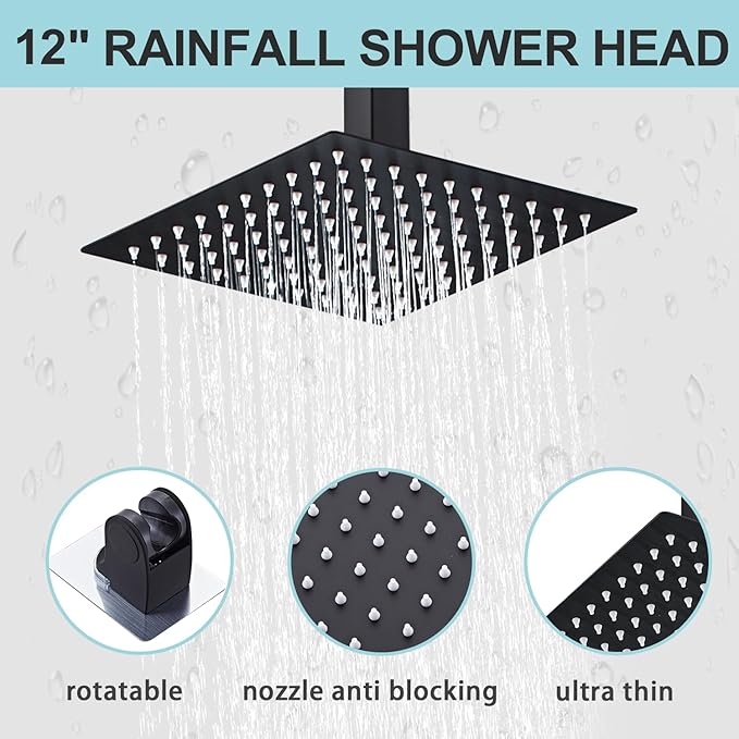12 Inch Shower Faucet Set, Ceiling Mounted Rainfall Shower System with High Pressure Handheld Shower Head, Bathroom Mixer Shower Set Rough-in Valve and Trim Kit, Matte Black, with Tub Spout