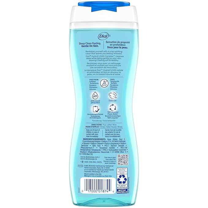 Dial Body Wash, Refresh & Renew Spring Water, 16 Fl Oz (Pack of 4), Hydraclean Complex & Vitamin E, Gentle, Leaves Skin Feeling Nourished, Dermatologist-Tested, No Parabens & Sulfates