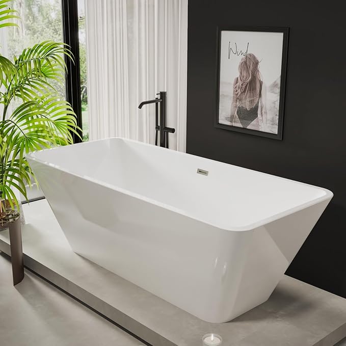 59 Inch Freestanding Bathtub, Modern Soaking Bathtub, Freestanding Rectangular Tub with Non-Slip Base and Easy Drain, Deep Design for Adults, Ideal for Bathroom Relaxation, Chrome Drain, White