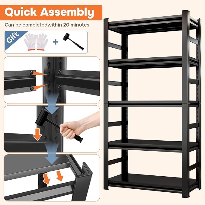 Garage Metal Shelving Unit, Heavy Duty Storage Shelf, 5-Tier Adjustable Racks for Garage, Industrial Shelves for Organization, Black