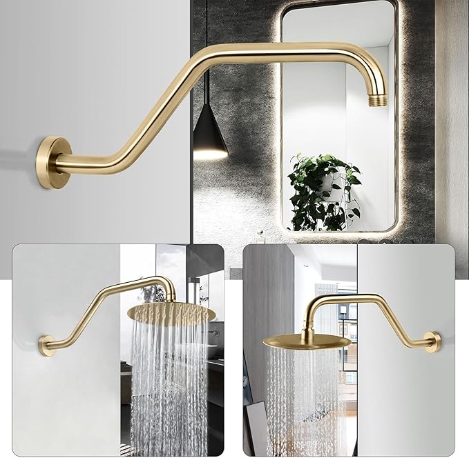 High Rise Shower Arm with Flange,15.5 Inch Gooseneck Shower Arm Extension,Stainless Steel S Shaped Shower Showerarm,Brushed Gold,9Z4MKK