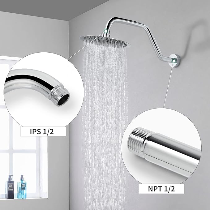 High Rise Shower Arm with Flange,15.5 Inch Gooseneck Shower Arm Extension,Stainless Steel S Shaped Shower Showerarm,Chrome,9Z1MK