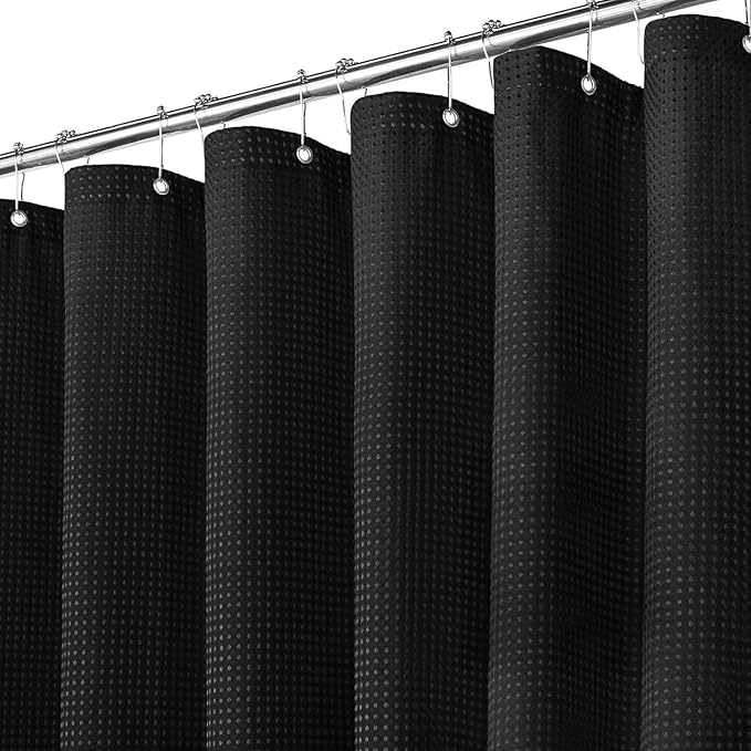 Inhousolu Fabric Shower Curtain Waffle Weave, 230 GSM Heavy Duty, Weighted Hem, 14 Metal Hooks, Water Repellent, Machine Washable, Hotel Spa Luxury Bath Curtain Set, 72 x 72 Inch, Black