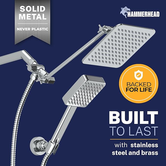 HammerHead® Solid Metal Dual Shower Head Combo — 8" Square Rain Shower Head with Handheld, 12" Adjustable Arm & Wall-Mount Holder for Flexible Installation — Chrome
