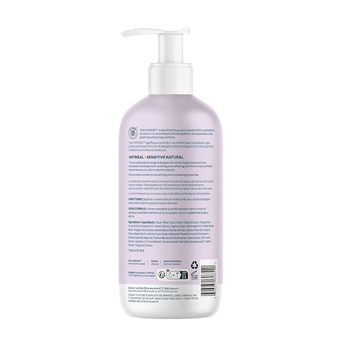 ATTITUDE Body Lotion for Sensitive Skin, EWG Verified, 98% Natural-Origin Moisturizer with Oat Extract, Vegan, Dermatologist-Tested, Hydrating Lotion for Dry Skin, Sweet Jasmine Scent, 16 Fl Oz