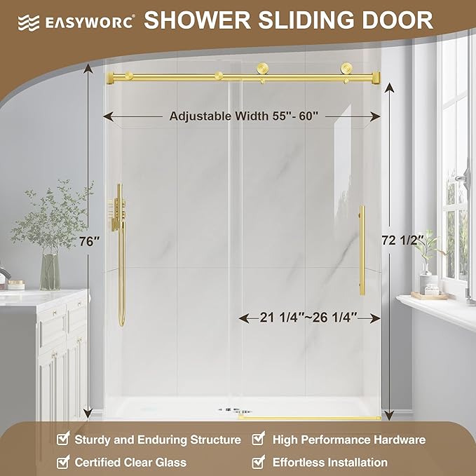 Frameless Glass Shower Door, 55-60" W x 76" H Sliding Frameless Shower Door, 1/4''(6mm) SGCC Tempered Glass, Explosion-Proof Film Nano Coating, Stainless Steel Hardware, Brushed Gold