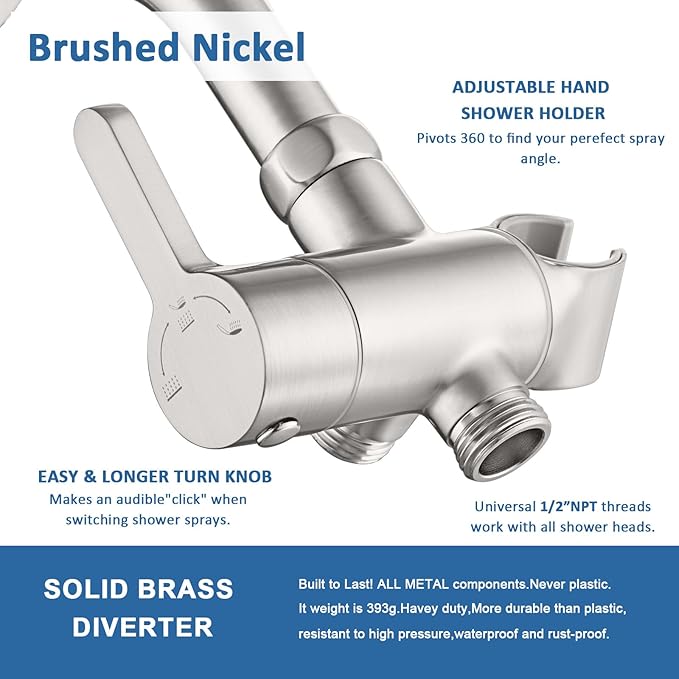 3 Way Shower Diverter Valve with Hand Shower Holder, G1/2 Shower Head Splitter, Shower Arm Diverter, Bathroom Universal Shower System Replacement Part (Brushed)