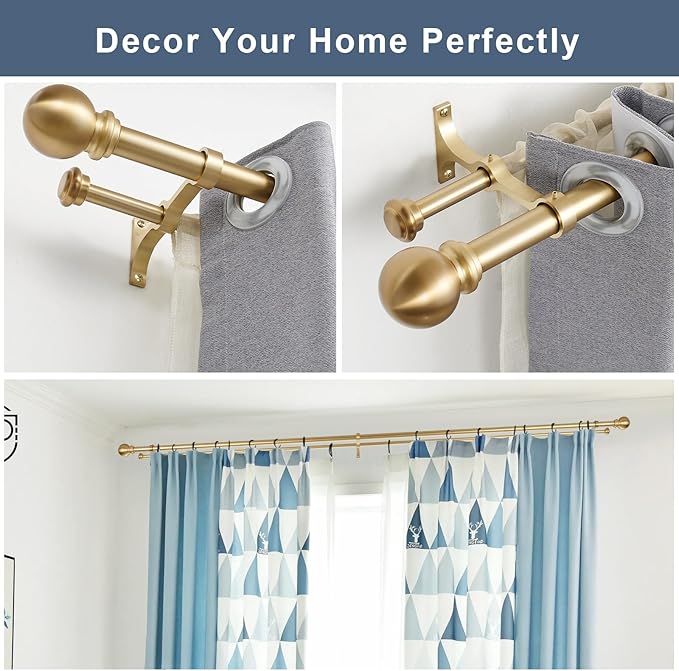 Double Curtain Rod, Adjustable 1 inch Double Drapery Rod Rods for Windows 48 to 84 inch,Ball Round Finials with Brackets Set (48-84",Gold)