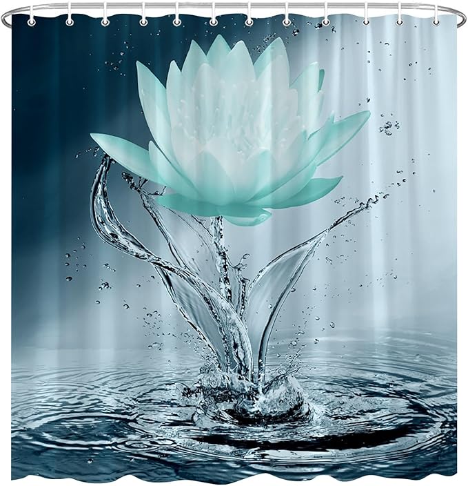 Lotus Shower Curtain Black White Teal Flower Elegant Blooming Floral with Dew Spring Flower Reflection on Water Modern Romantic Polyester Fabric Bathroom Decor 36×70 Inch with Hook
