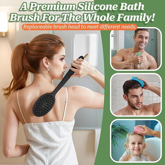 Silicone Face & Back Scrubber Set, Manual Face & Body Scrubber Exfoliator with Soft Bristles and Non-Slip Handle, Back Brush Bath Brush with Detachable Brush Head(2PCS Blue Set)