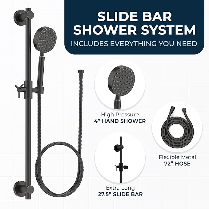 HammerHead Showers® Solid Metal 27.5 Inch Shower Slide Bar Set and Handheld Shower Head with Hose — OIL RUBBED BRONZE — 2.5 GPM High Pressure Spray Wand — Easily Adjust Height & Angle of Handshower