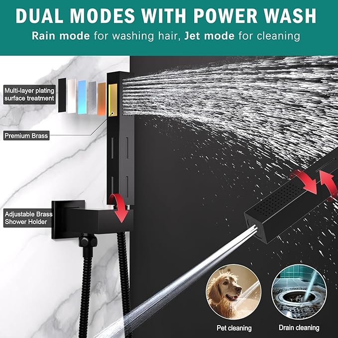 ENGA Shower System with Tub Spout, Bathtub Shower Faucet Combo Set - 10" & 6" Square Rain Shower Heads with 2 in 1 Handheld Spray, 4 Way Water Diverter, Matte Black